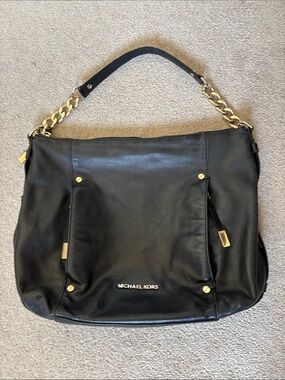 Michael Kors Black Leather Chain Strap Hobo Shoulder Bag Gold Hardware Slouchy